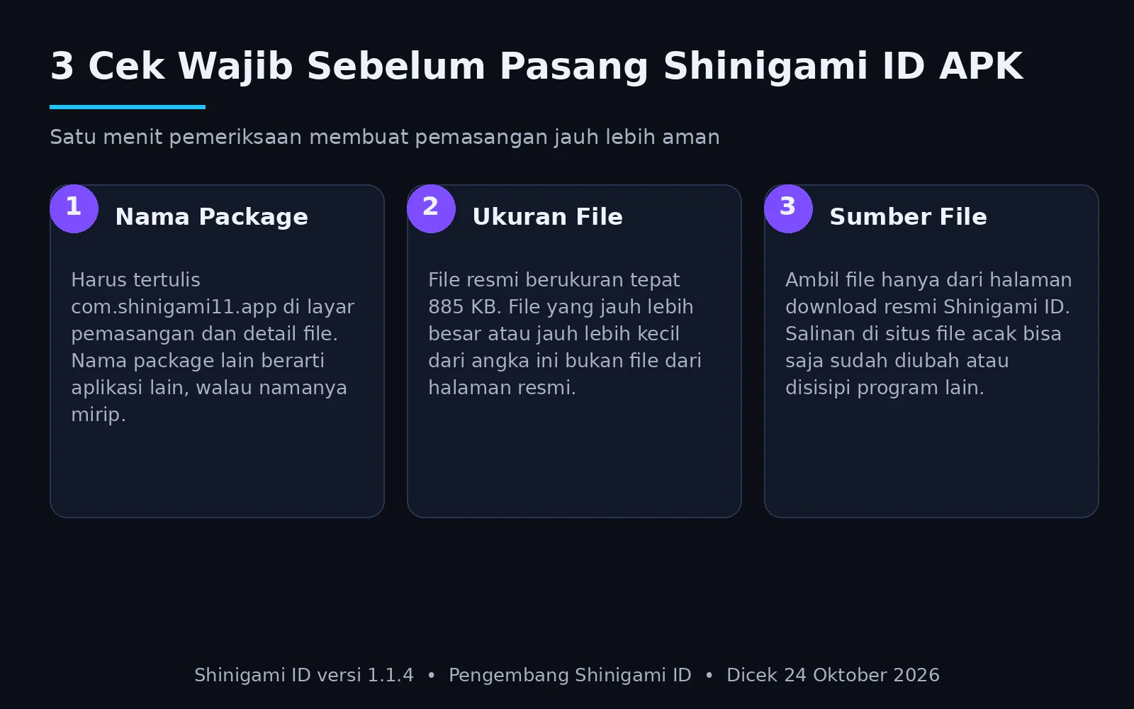 Download Shinigami ID APK untuk Android 1 Infografis tiga cek wajib sebelum memasang Shinigami ID APK: nama package, ukuran file, dan sumber file