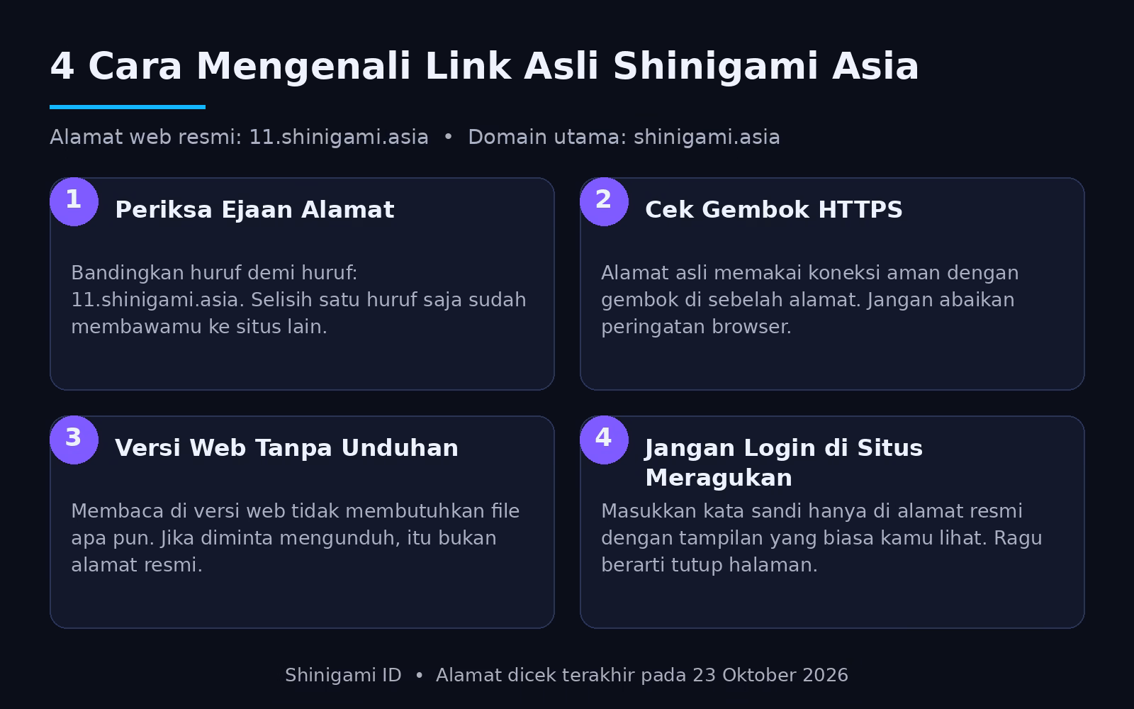Shinigami Asia: Link Web Resmi dan Mirror Shinigami ID 1 Infografis empat cara mengenali link asli Shinigami Asia dan menghindari situs tiruan