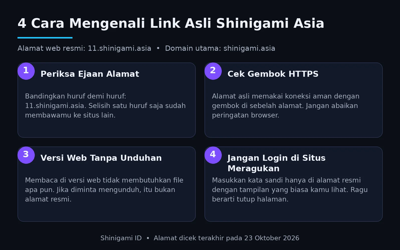 Shinigami Asia: Link Web Resmi dan Mirror Shinigami ID 1 Infografis empat cara mengenali link asli Shinigami Asia dan menghindari situs tiruan