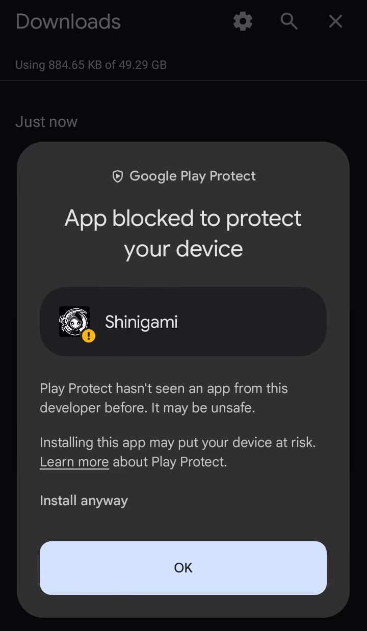Shinigami ID 9 Pesan Play Protect diblokir dengan Install anyway